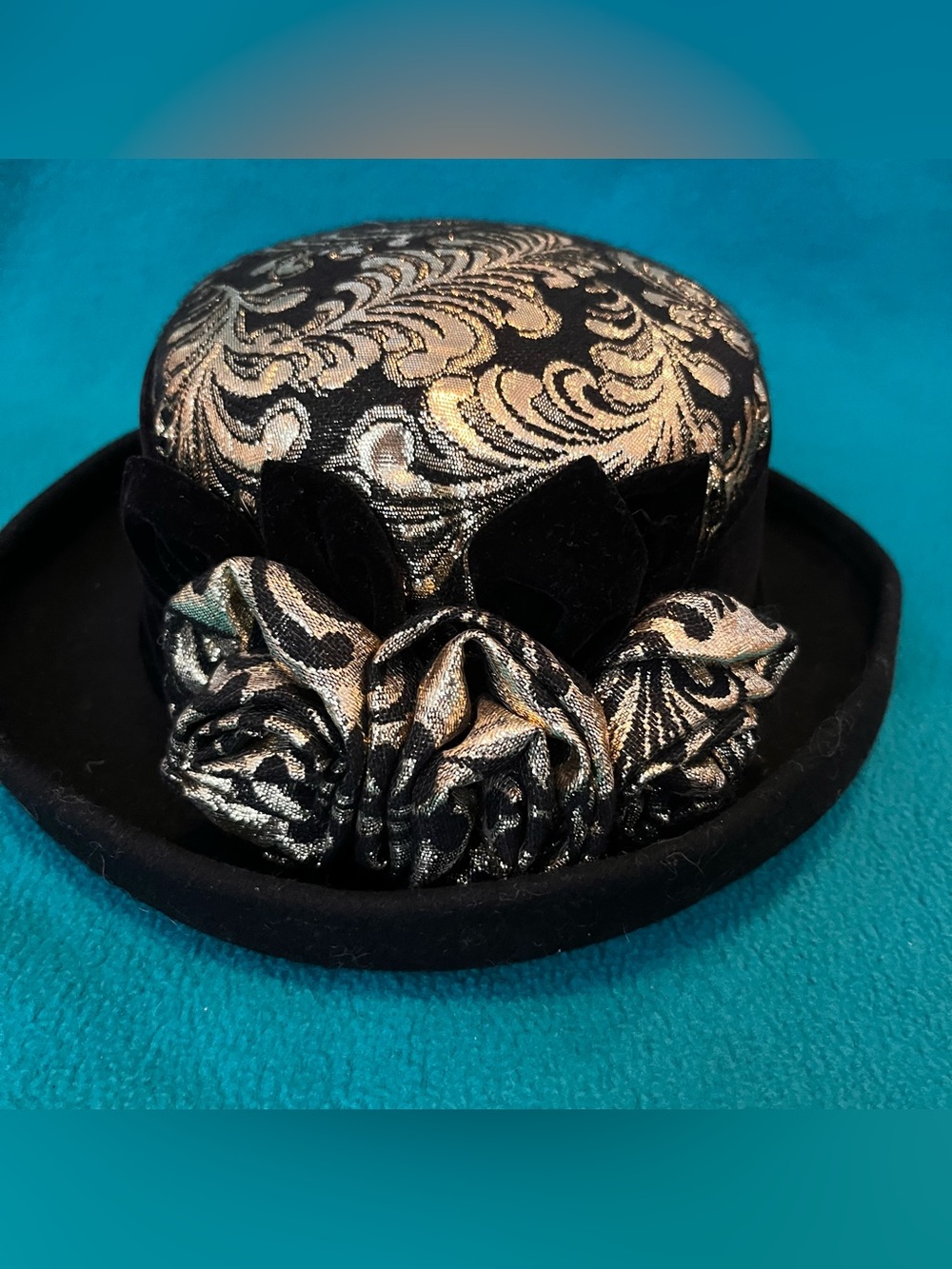 Vintage Black  and Gold Brocade Floral Trim Hat